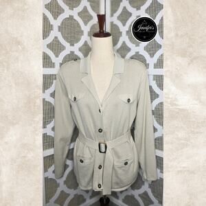 Liz Claiborne Liz Sport Beige Long Sleeve Belted Sweater Jacket Size Large